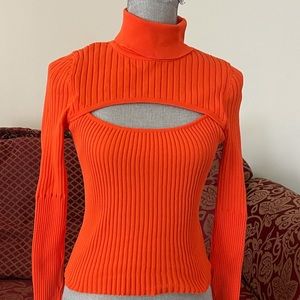 Orange Turtleneck Keyhole Top